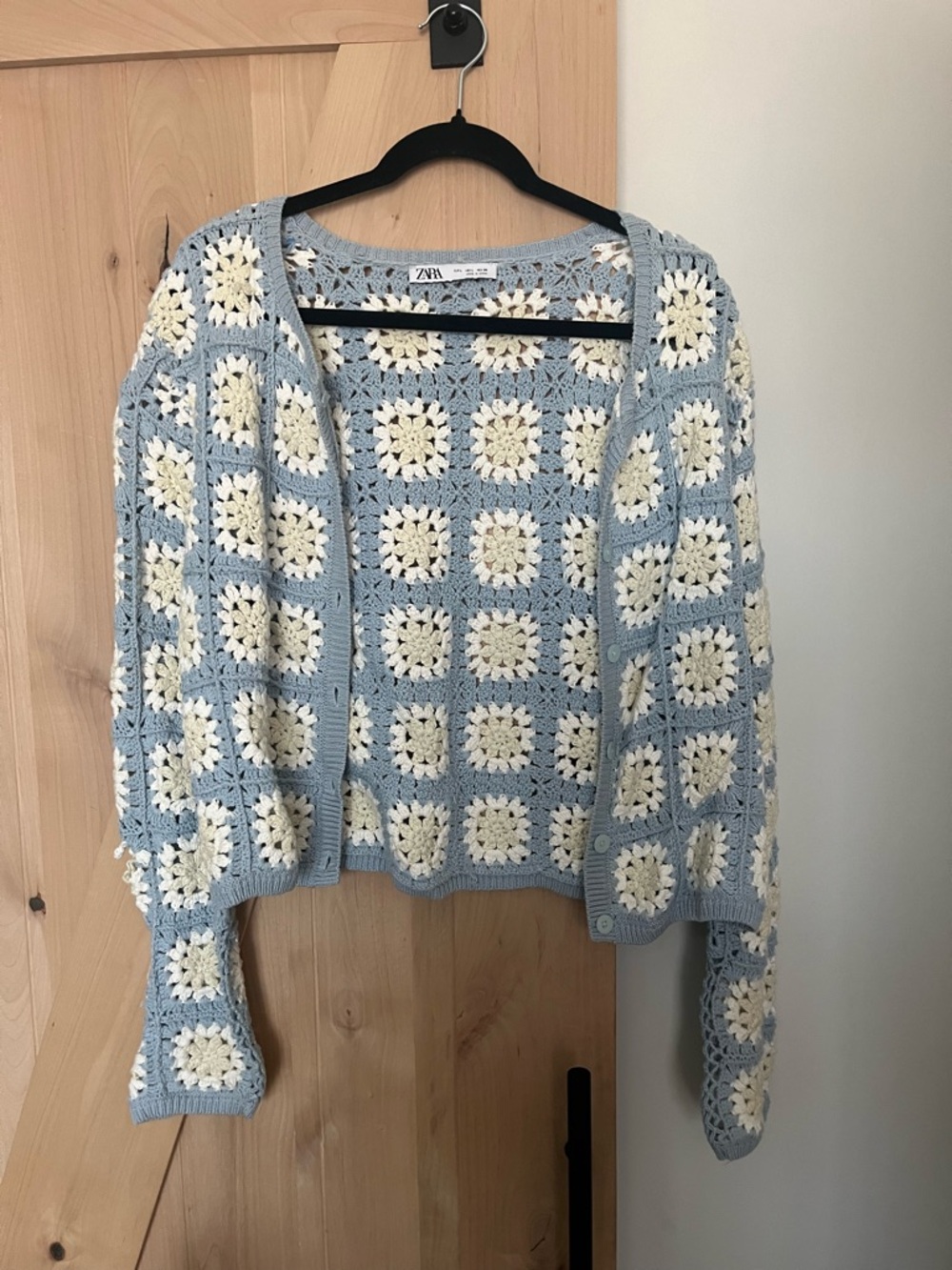 Zara Light Blue and Cream Crochet Square Cardigan